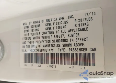 2011 Honda Accord 2.4 Se from USA, damaged, VIN 1HGCP2F68BA061479